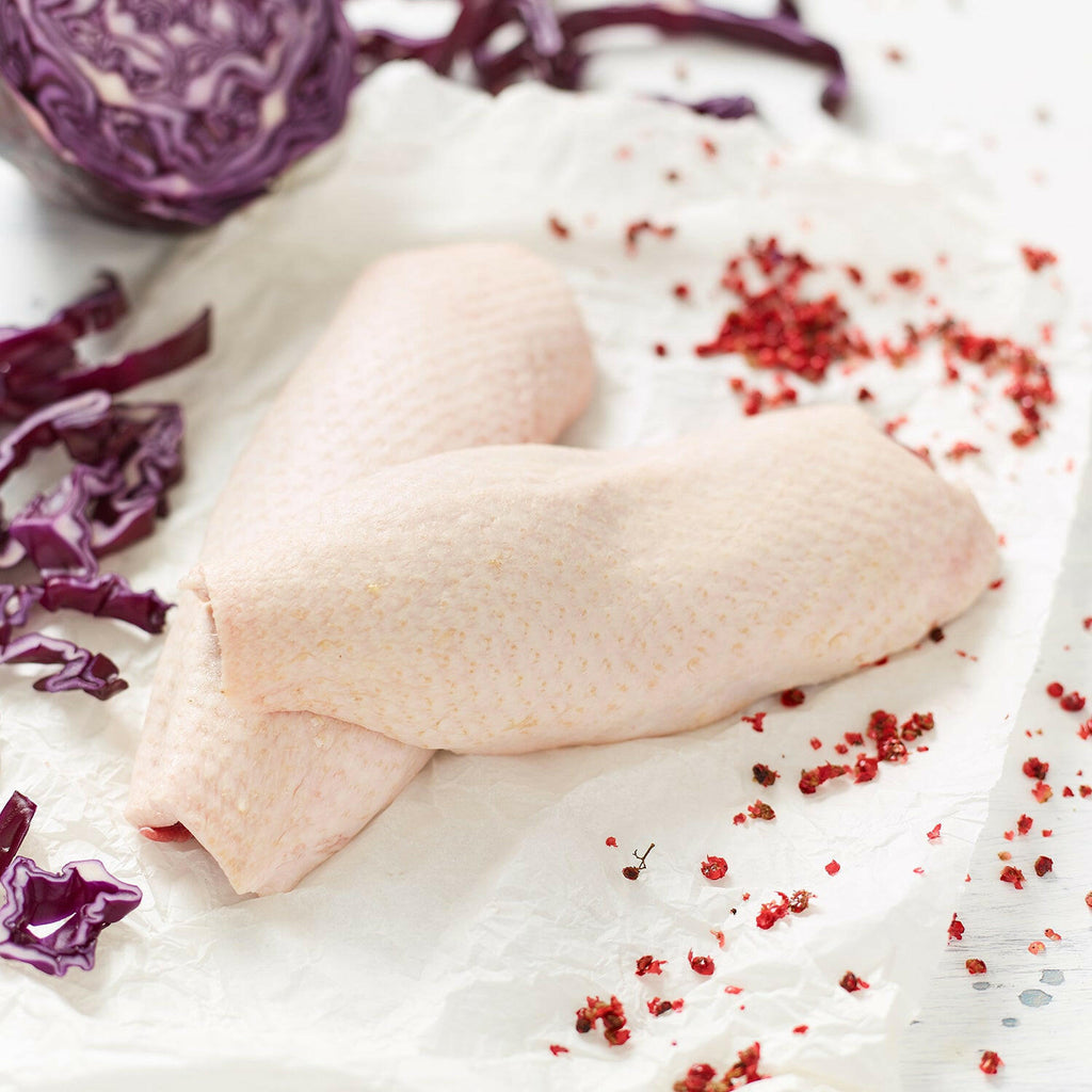 Free Range Duck Breast Fillets with pink peppercorns and whole red cabbage and shredded red cabbage